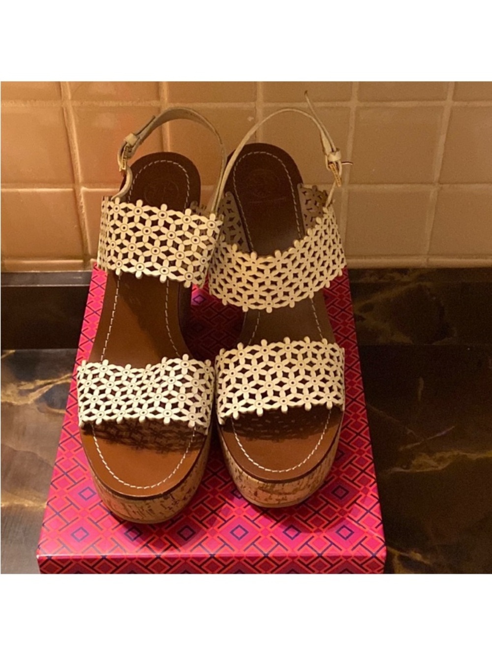 Tory Burch Daisy floral perforated Cream Laser-Cut Wedge Sandals. 11 CREAM ONLY